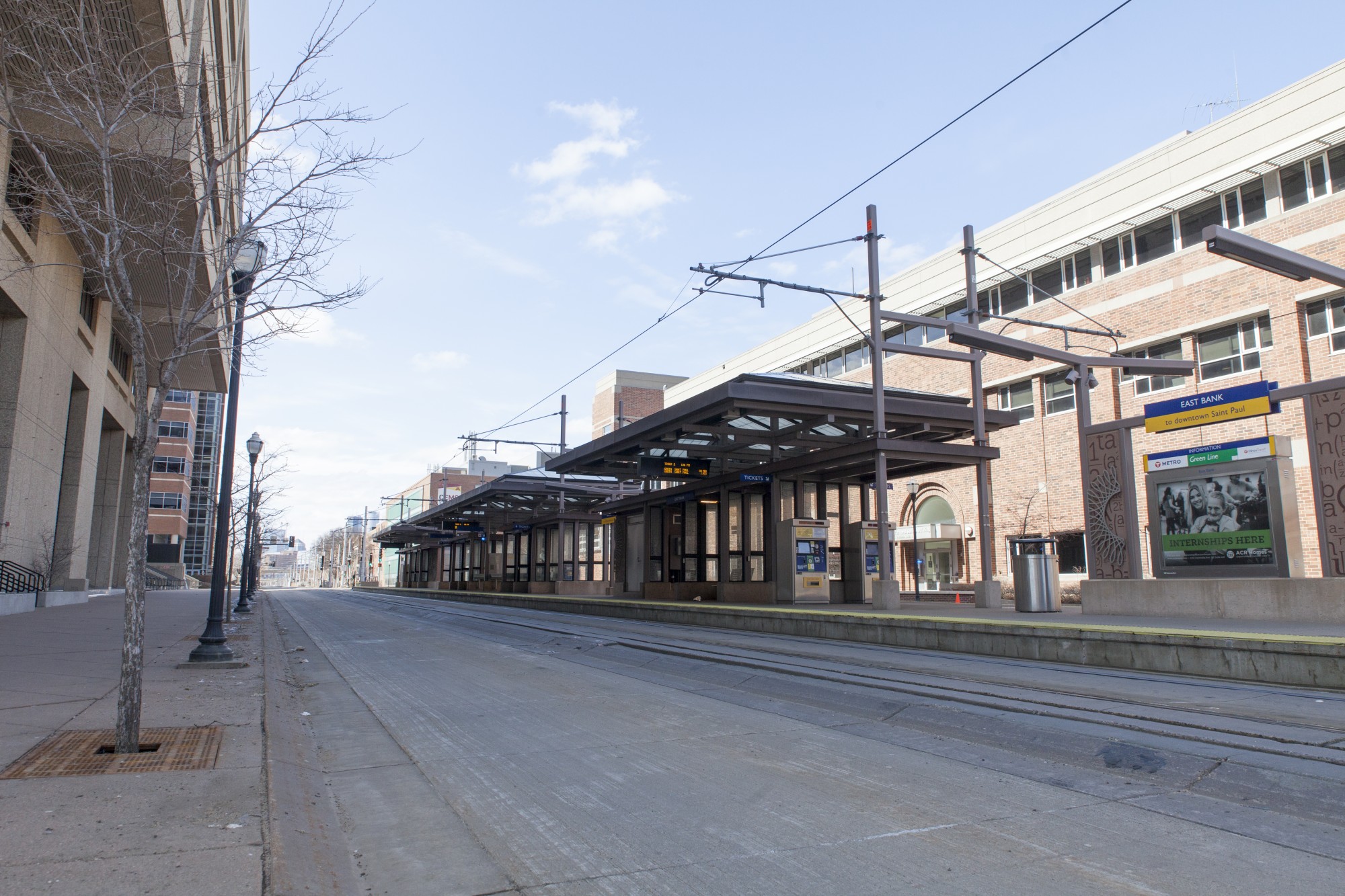 The East Bank light rail station stands empty on Saturday, March 21.