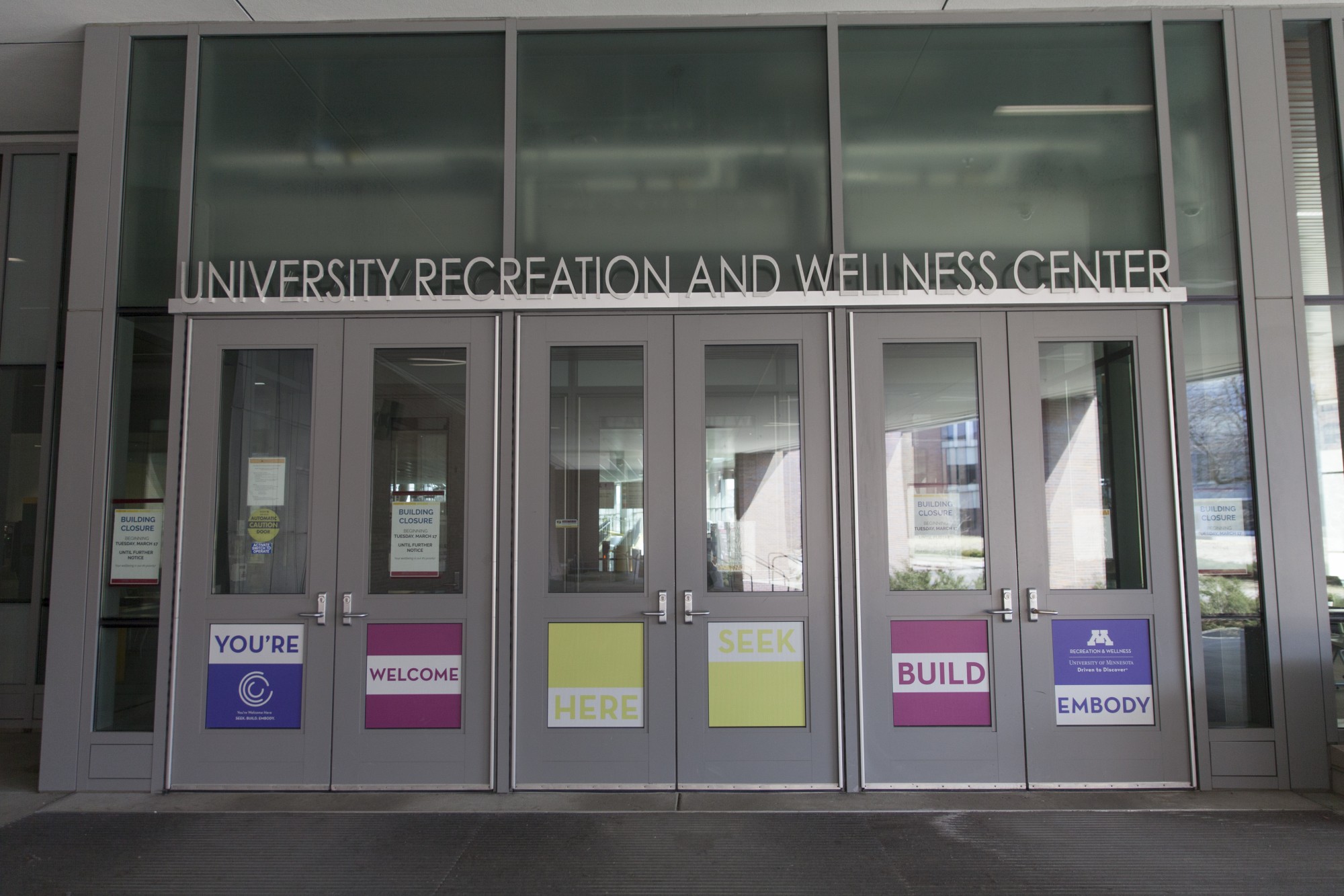 The entrance of the University Recreation and Wellness Center on Saturday, March 21, 2020.