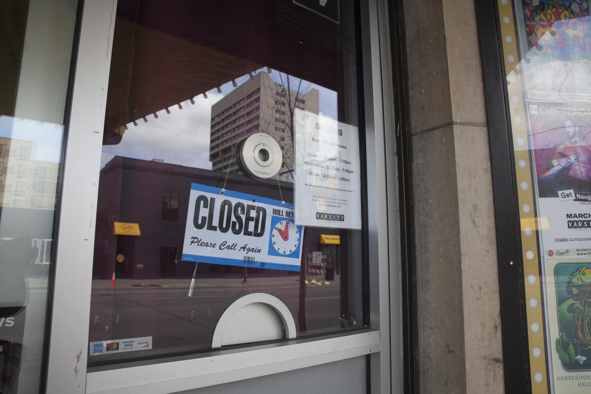 The Varsity Theater ticket booth stands shuttered on Saturday, March 21.