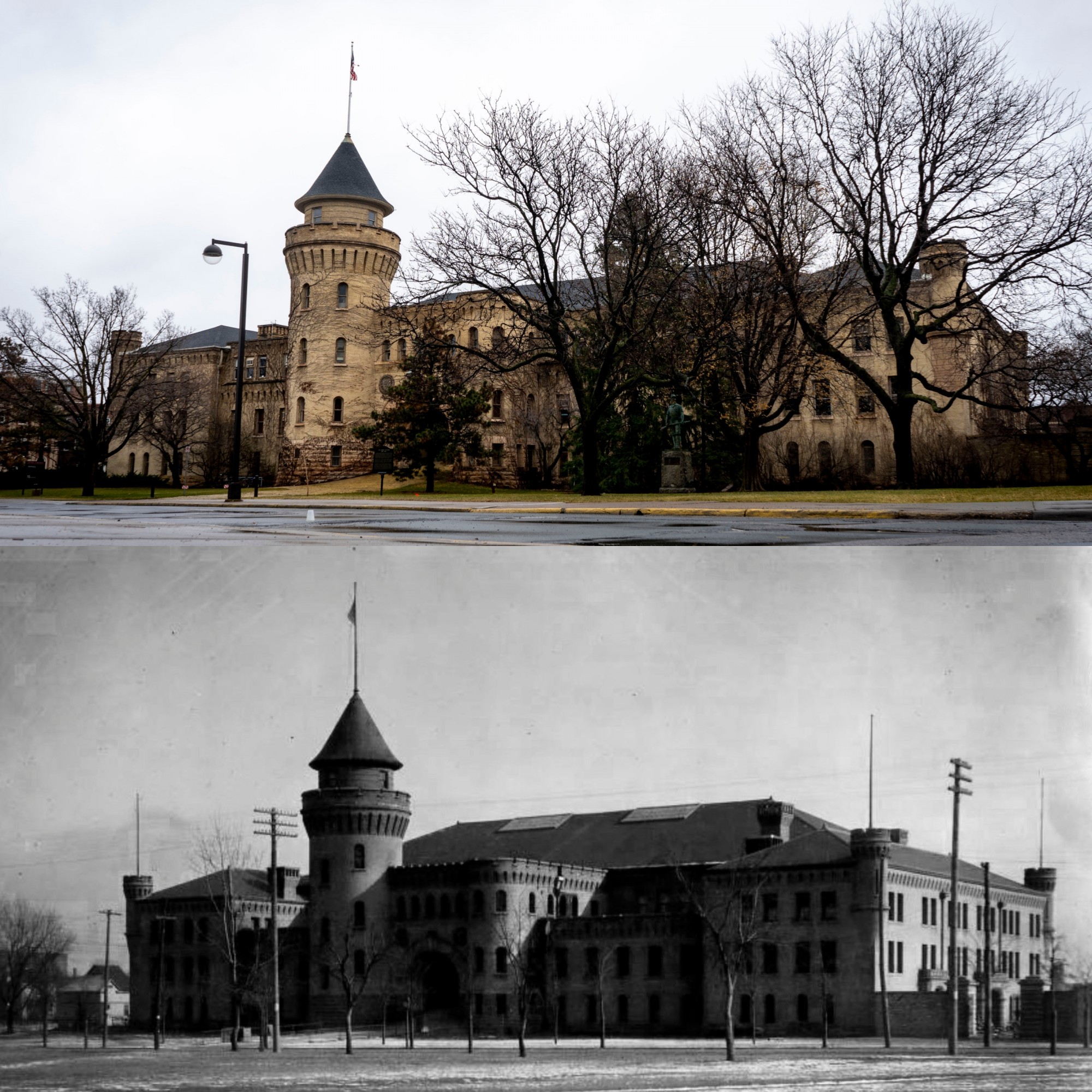 Above, the Armory stands amidst campus closures related to the 2020 COVID-19 pandemic on Sunday, March 29. Below, the Armory stands in the year 1918 at the height of the influenza outbreak otherwise known as the Spanish flu. It is thought that members of the Student Army Training Corps were the source of the outbreak in Minneapolis. Archive photo courtesy of the University of Minnesota Archives - Twin Cities. 
