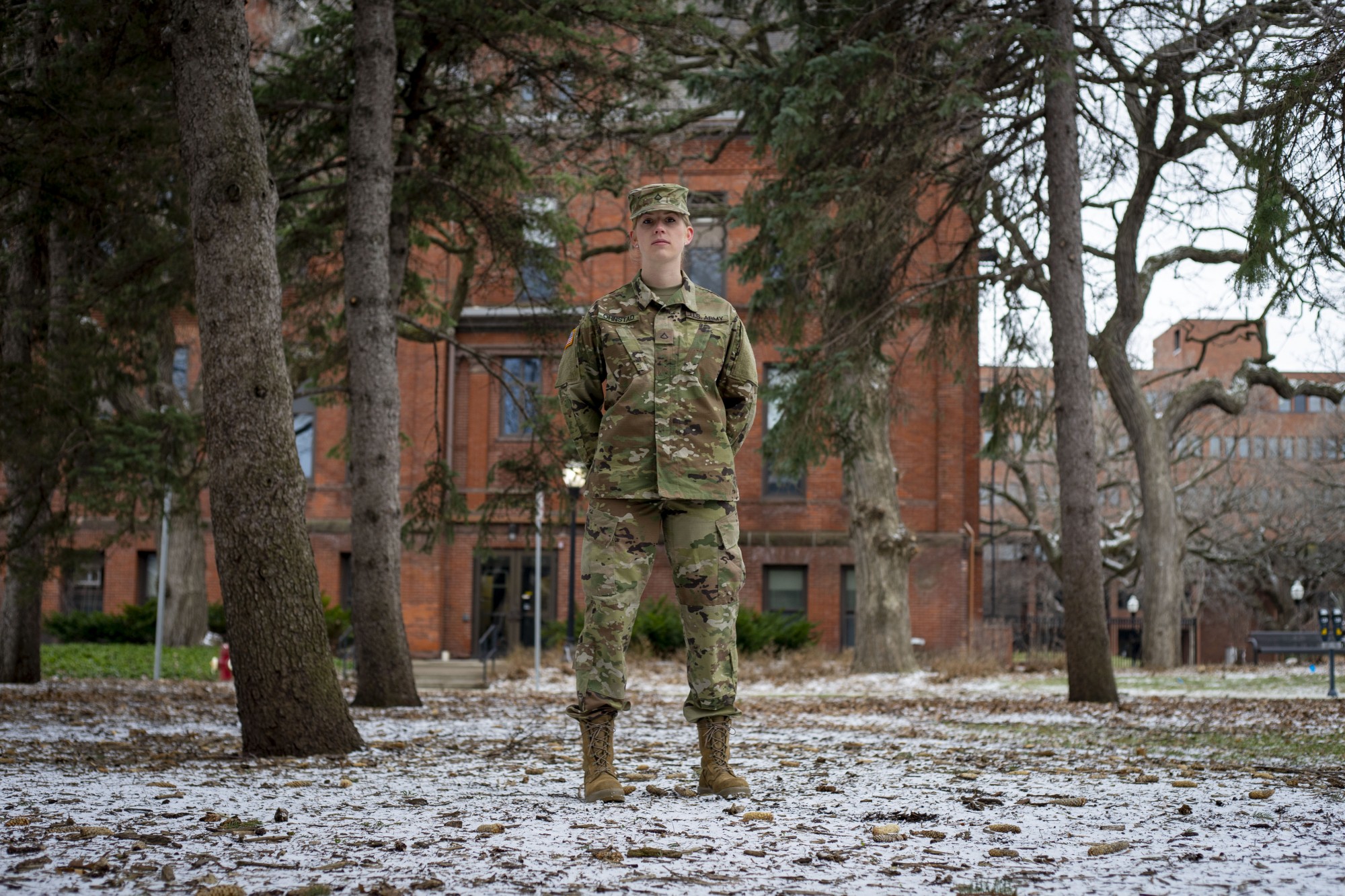 Senior Violet Ohnstad poses for a portrait on campus on Friday, April 3. Ohnstad, who enlisted in the National Guard in January, is uncertain what the next few months will look like as she prepares for basic training. 