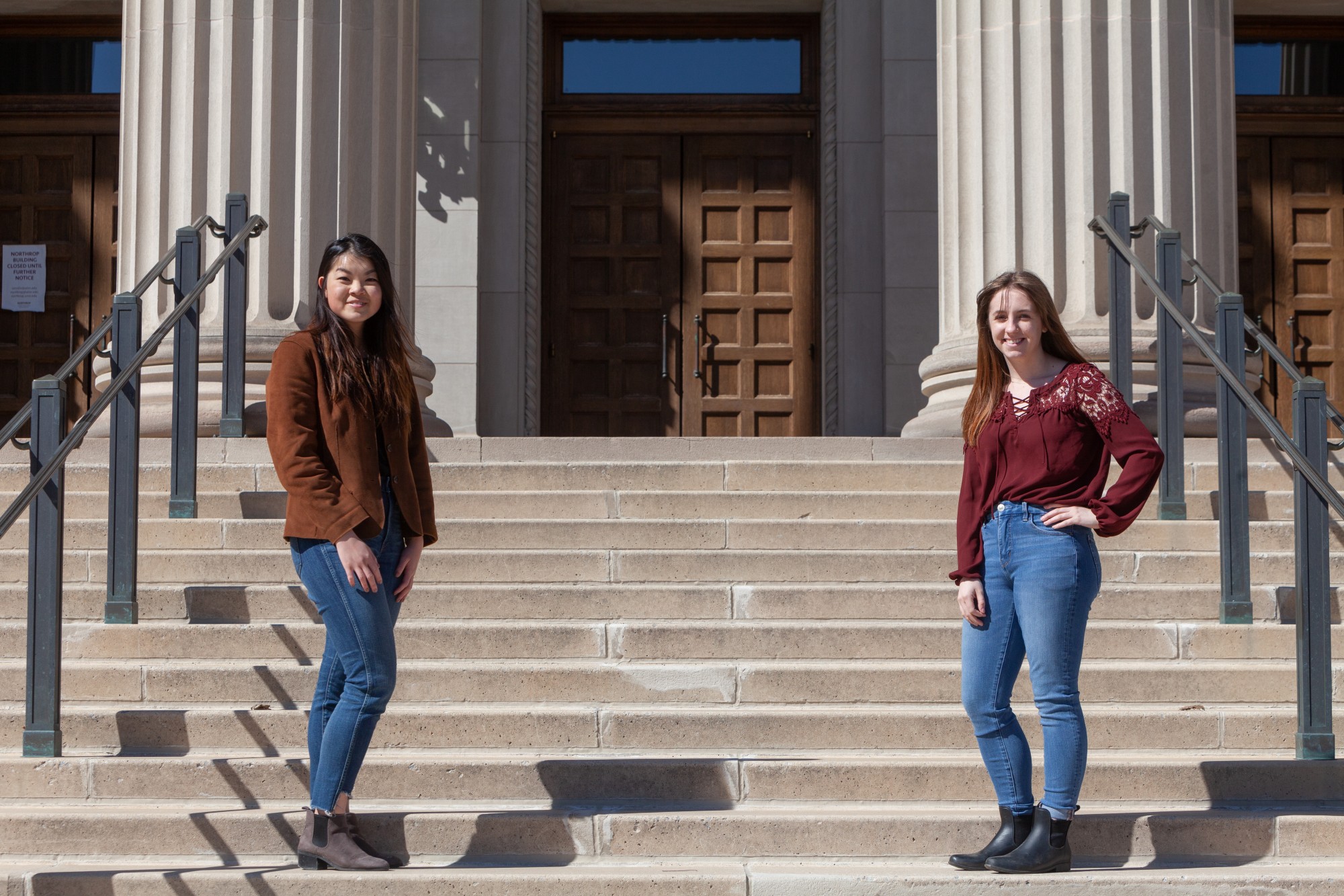 From left, newly elected MSA President Amy Ma and Vice President Rebecca Cowin pose for a portrait outside of the Northrup Auditorium on Sunday, April 19. 