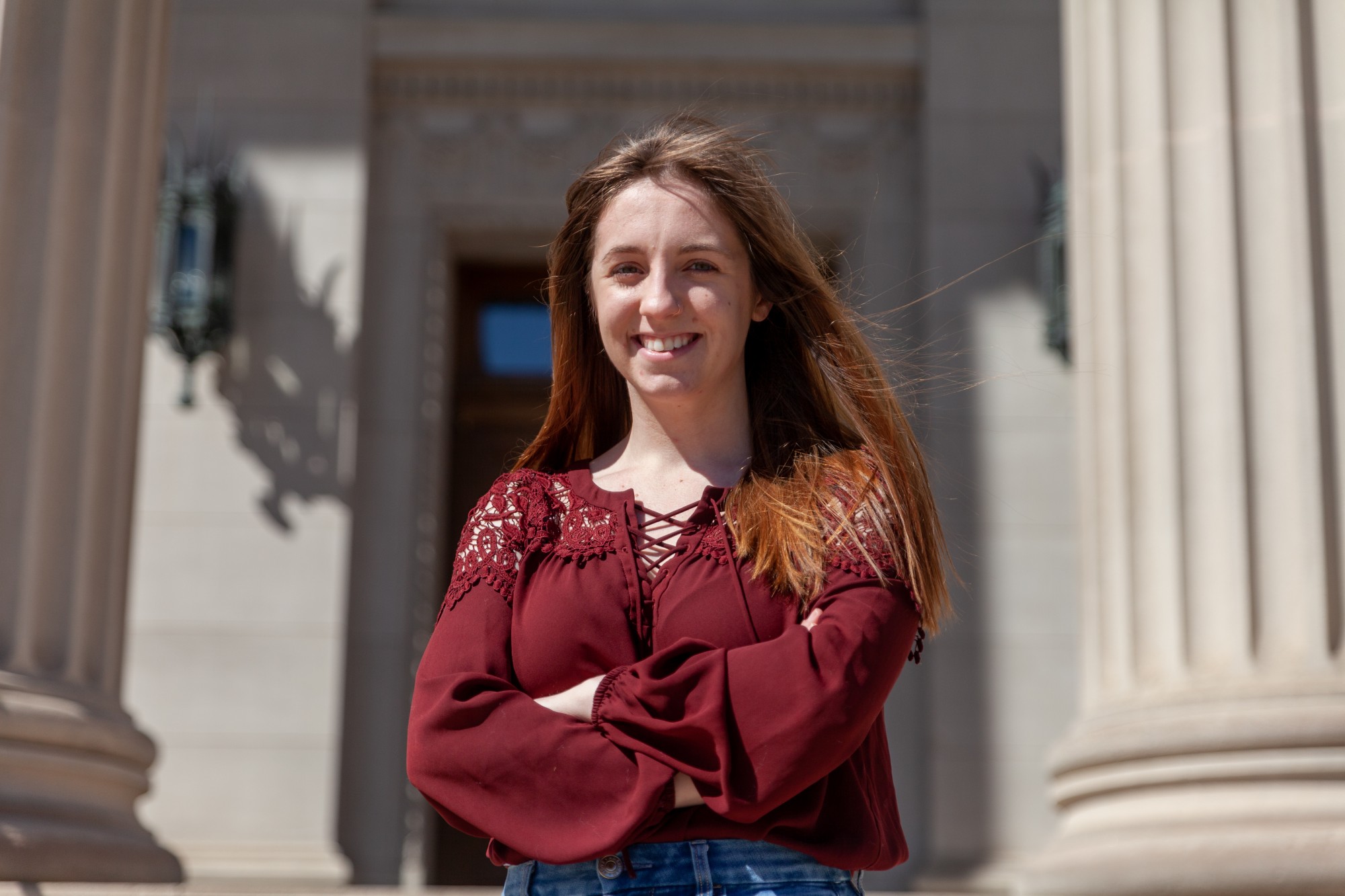 Newly elected MSA Vice President Rebecca Cowin poses for a portrait outside of the Northrup Auditorium on Sunday, April 19. 