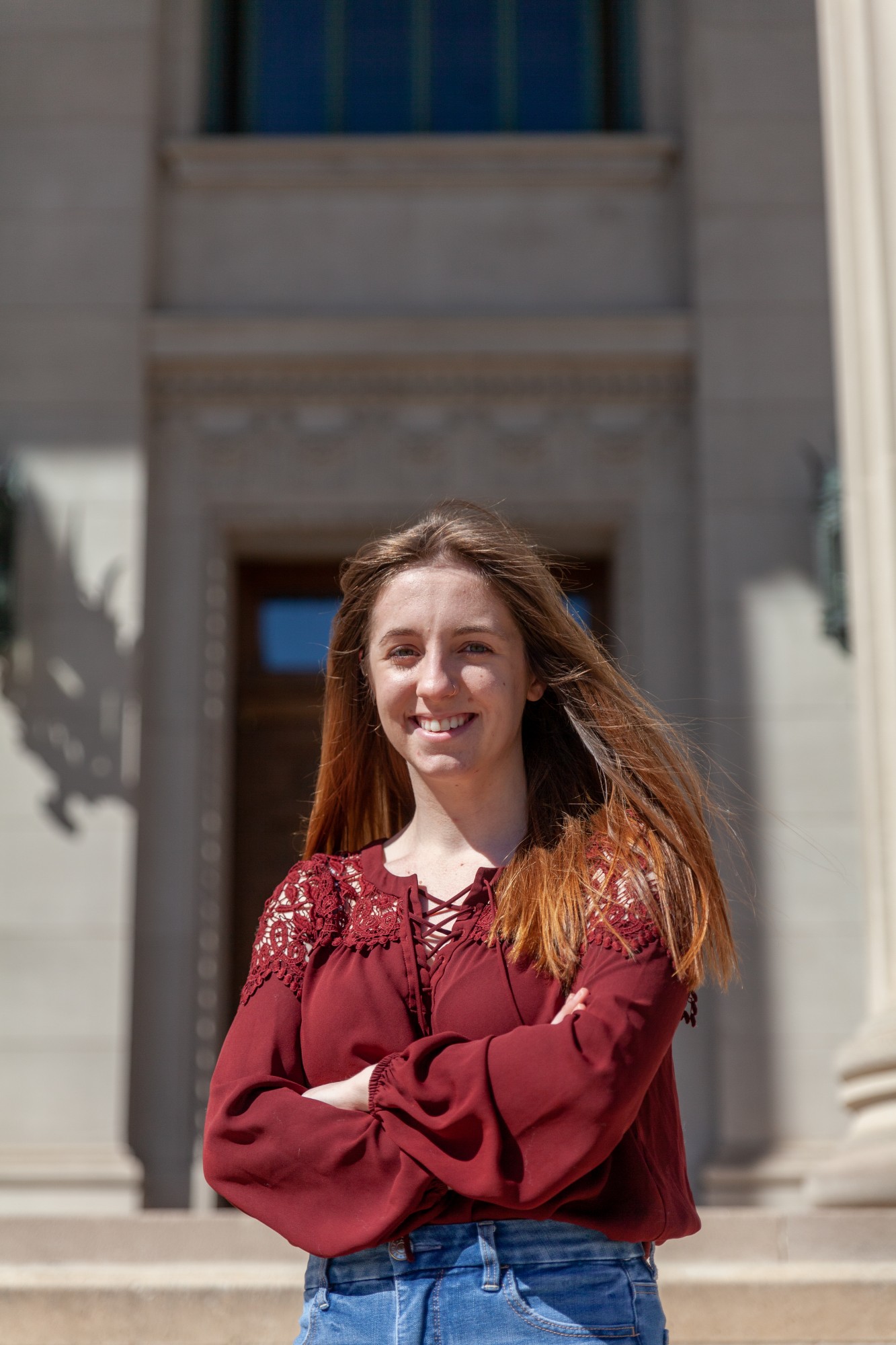 Newly elected MSA Vice President Rebecca Cowin poses for a portrait outside of the Northrup Auditorium on Sunday, April 19. 