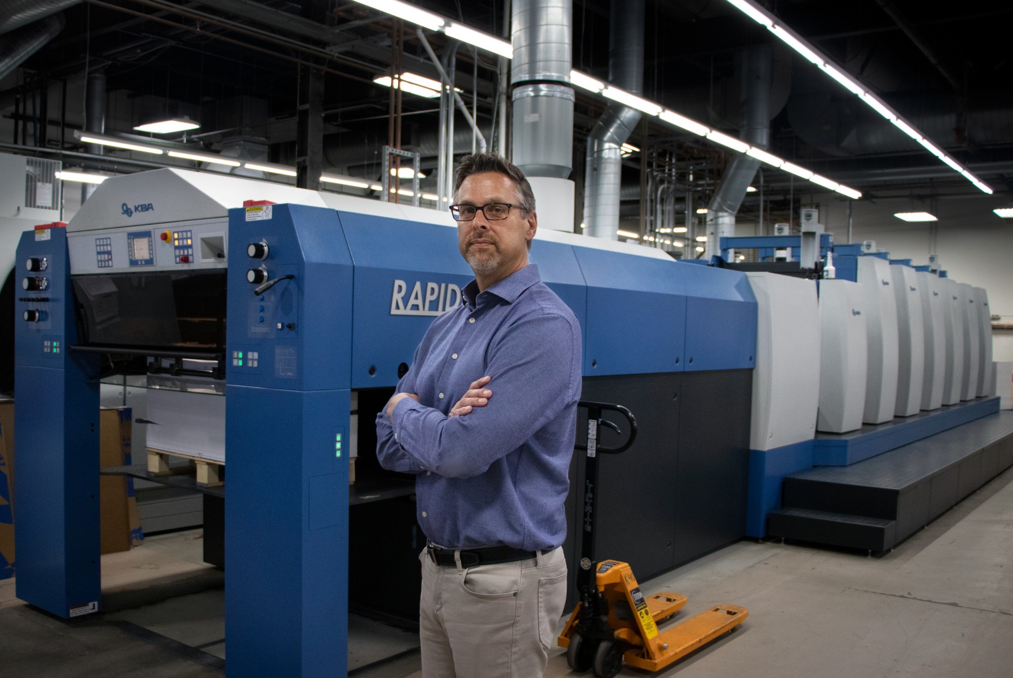 Erik Norman, SVP sales and marketing of Bolger, stands for a portrait in one of the company’s industrial printing facilities in St. Paul on Friday, May 1. Bolger is an essential business, but with fewer staff in the office, Norman says that the entire workflow has changed. “We’re a high touch industry and so we’ve had to get creative,” Norman said. 
