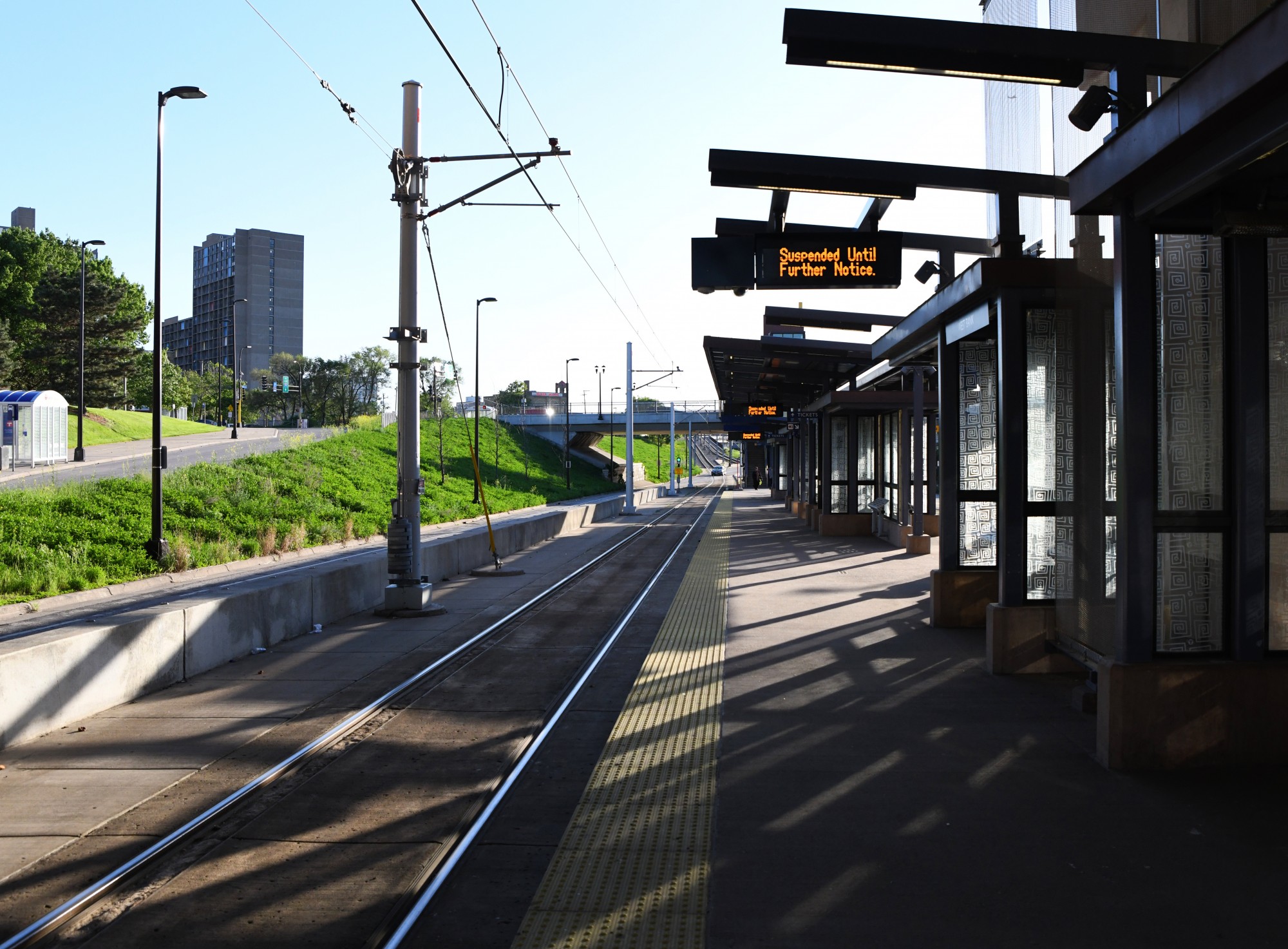 The West Bank light rail station sits empty after Metro Transit suspended service on Thursday, May 28. 