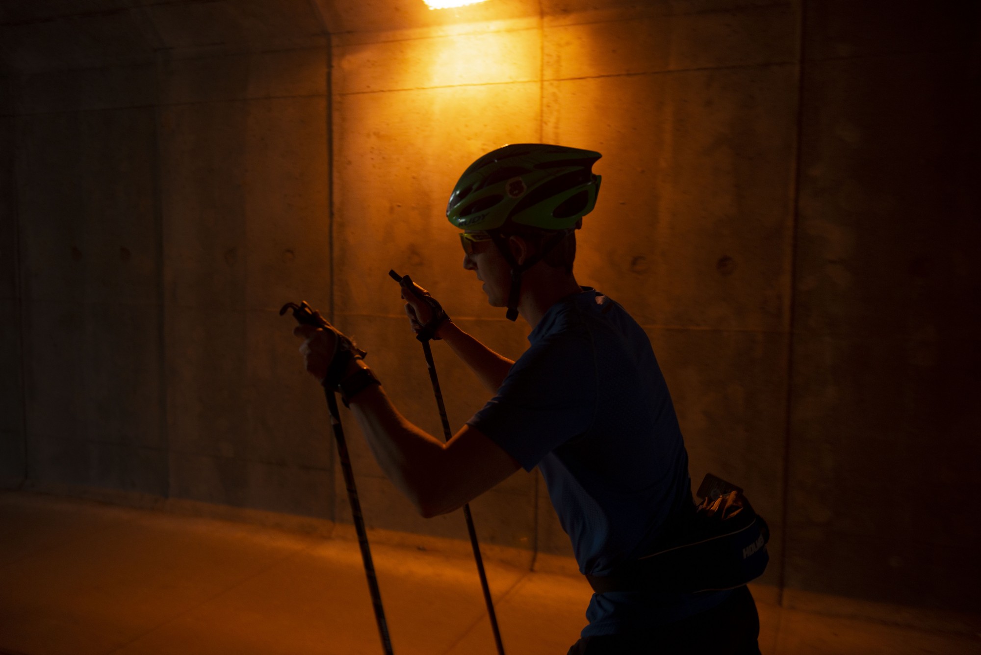 3:36 p.m.
Junior Tony Mathie roller skis through a tunnel on the bluff street bikeway. 