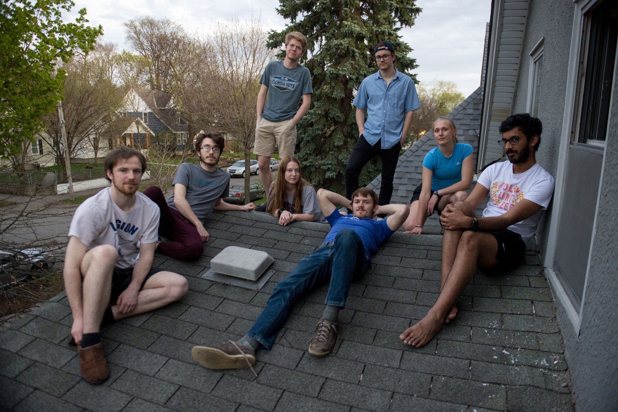 8:26 p.m.
From left, Alec Lorimer, Joe Zuleger, Josh Bailey, Maggie Penning, Mark Lucivansky, Sam Hanson, Maddie Powell and Rohith Komera pose for a portrait on their roof. Penning and Powell began spending most of their time here at once stay-at-home orders went in to effect. I felt really isolated in my apartment, said Powell. I love being here, theres just more people to talk to. 