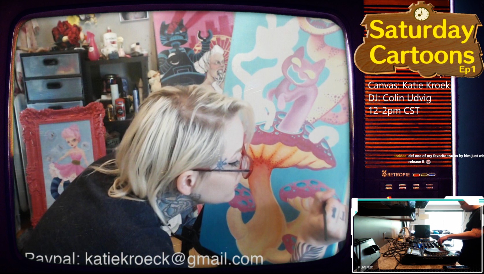 Katie Kroeck, a local tattoo and visual artist, paints while Colin Udvig DJs during the first episode of Saturday Cartoons, which was livestreamed on PaulChangStreams Twitch channel on Saturday, May 23. 