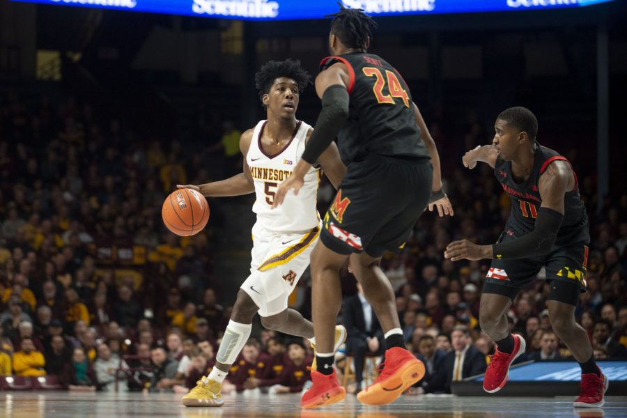 Gophers Guard Marcus Carr dribbles the ball up the court at Williams Arena on Wednesday, Feb. 26, 2020. The Gophers went into the second half with a 47-31 lead over the Maryland Terrapins.