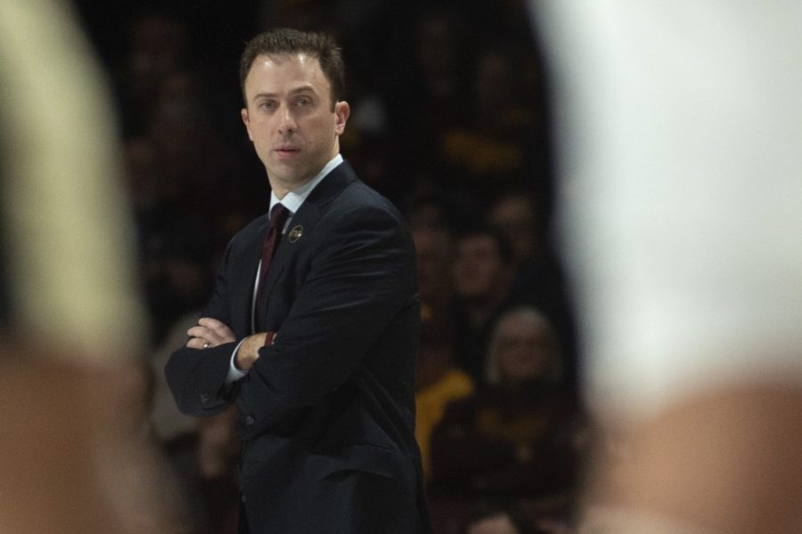 Gopher head coach Richard Pitino looks down the court on Tuesday, March 5 at Williams Arena.