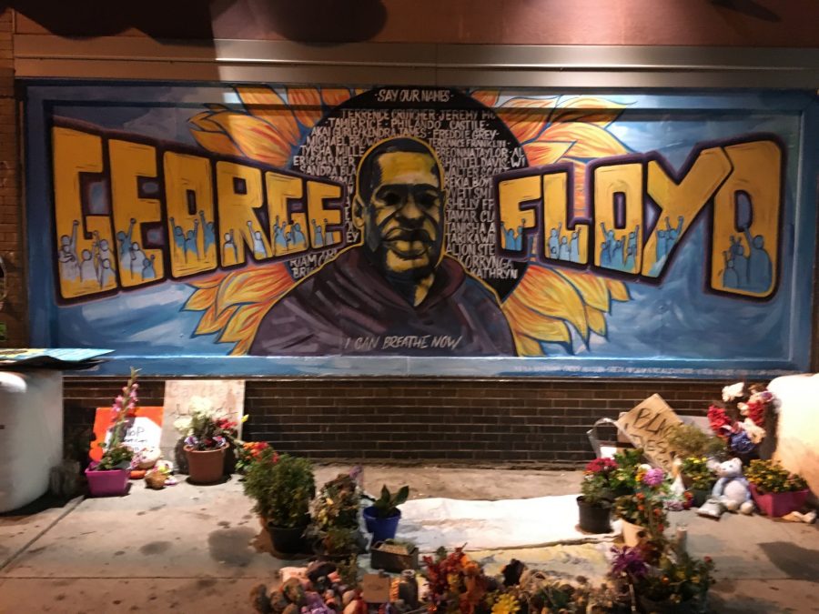 George Floyds mural on the corner of 38 Street and Chicago Avenue after being vandalized on Tuesday evening. 