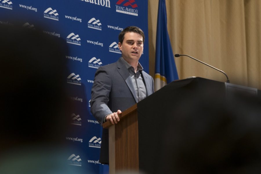 Conservative commentator Ben Shapiro speaks in the Northstar Ballroom of the St. Paul Student Center on Monday, Feb. 26, 2018. The speech drew a crowd of dozens of protestors in opposition to Shapiros presence on campus. 