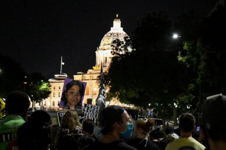 Demonstrators gather outside of the State Capitol to protest on Wednesday, Sep. 23.  The protest, which began on the State Capitol mall and ended on Interstate 94, was in response to the recent decision in Louisville, Kentucky not to charge the officers involved in Breonna Taylor’s death.