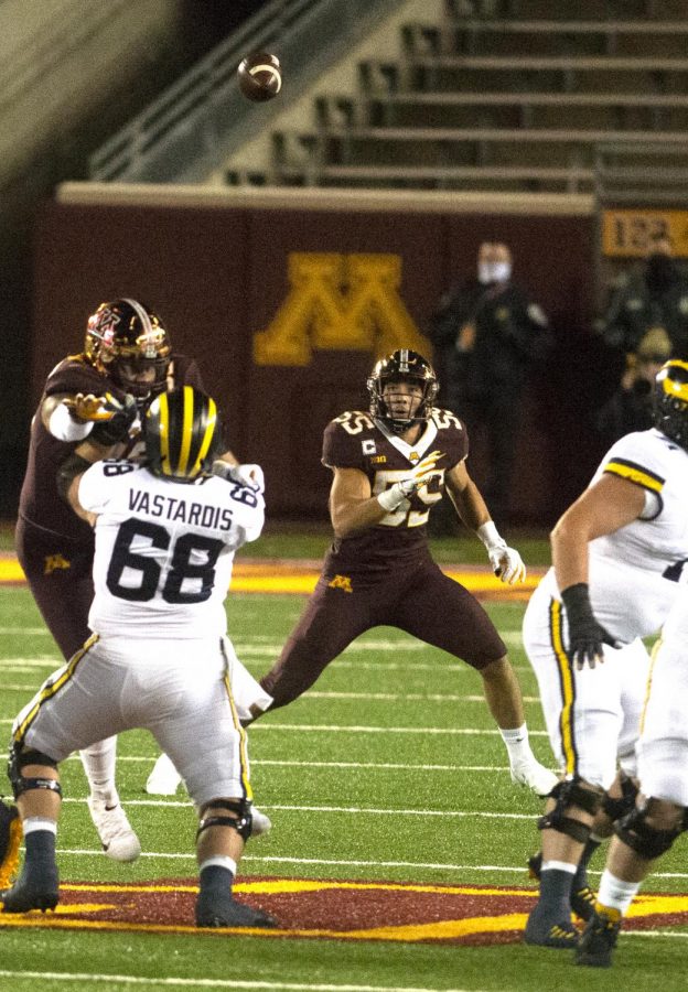 Gophers linebacker Mariano Sori-Marin follows the ball at TCF Bank Stadium on Saturday, Oct. 24. Minnesota fell to Michigan 49-24 in their first showing of the season.