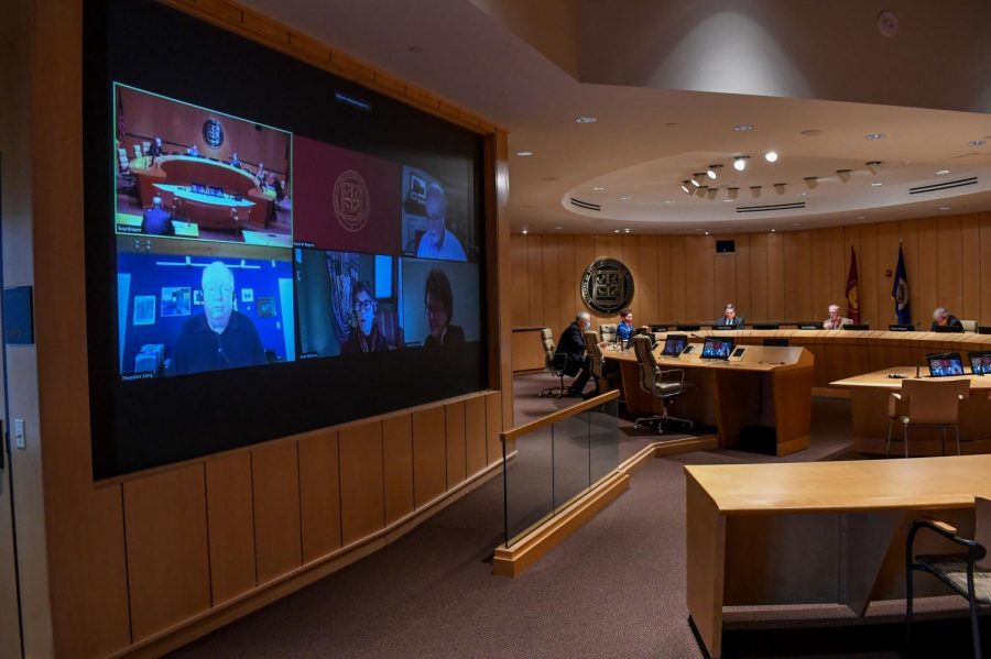 The Board of Regents meets to discuss current University issues in the McNamara Alumni Center on Friday, Oct. 9, 2020.  Some members met in person, while others joined the meeting via Zoom.