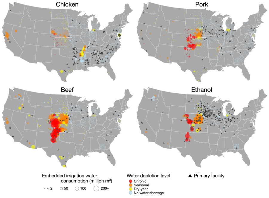 Figure reprinted from Kate Brauman et al., Unique water scarcity footprints and water risks in US meat and ethanol supply chains identified via subnational commodity flows. Environmental Research Letters. DOI: https://doi.org/10.1088/1748-9326/ab9a6a