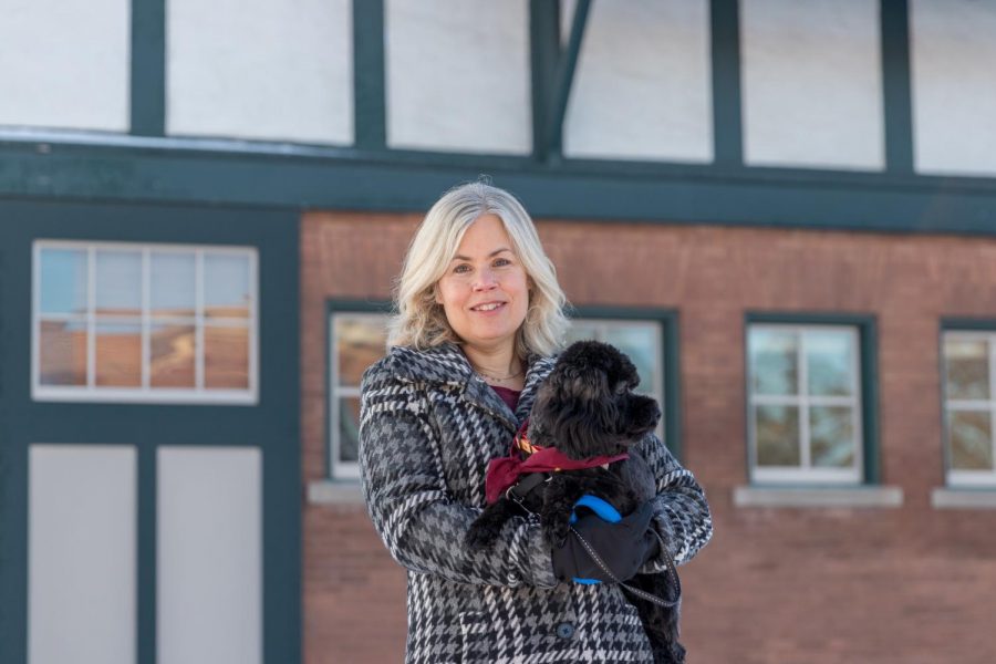 Laura Molgaard, DVM, poses for a portrait with her dog Lucy on the University of Minnesota’s St. Paul campus on Friday, Nov. 13. Dr. Molgaard has been the Interim Dean at the University of Minnesota College of Veterinary Medicine since August of 2019.