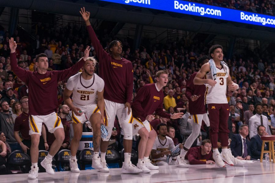 Players on the Gophers bench observe those on the court at Williams Arena on Wednesday, Jan. 15.  Minnesota defeated the Penn State Nittany Lions 75-69