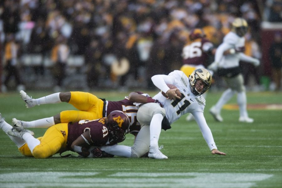 Thomas Barber and Coney Durr tackle Purdue on Saturday, Nov. 10 at TCF Bank Stadium. The Gophers beat the Boilermakers 41-10.