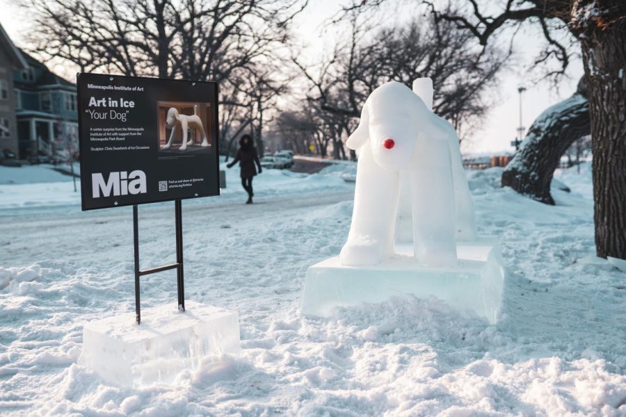 An ice sculpture titled Your Dog sits at Bde Maka Ska on Friday, Feb. 19. The Minneapolis Institute of Art is installing numerous ice sculptures across the Minneapolis area.