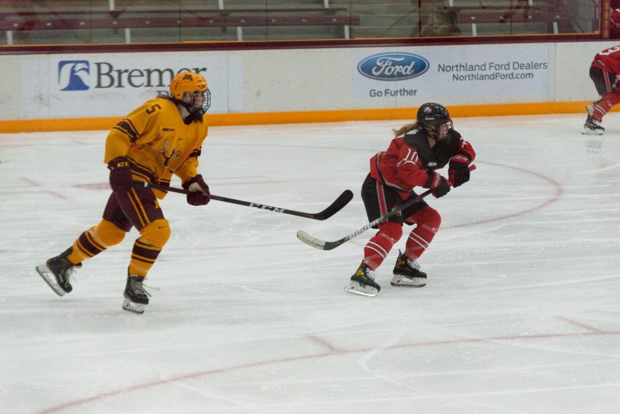 Gophers defenseman Madeline Wethington pursues an opponent at Ridder Arena on Sunday, Nov. 22. The Gophers ultimately fell to the Ohio State Buckeyes 2-1.
