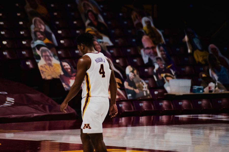 Jamal Mashburn Jr. walks to the other end of the court during the second period against Illinois at Williams Arena on Saturday, Feb. 20. Illinois beat the Gophers with a final score of 94-63.