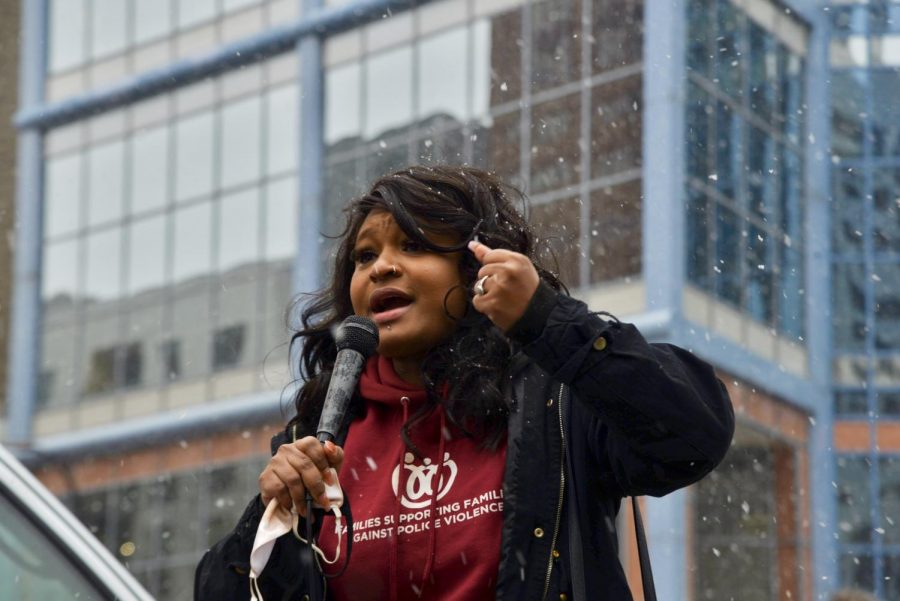 Toshira Garraway speaks at the Demand a Fair Jury Selection protest in downtown Minneapolis on Monday, March 15.