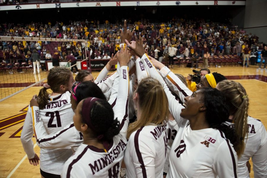 The Gophers huddle to celebrate defeating Oral Roberts three sets to none at the Maturi Pavilion on Saturday, Sept. 21, 2019.