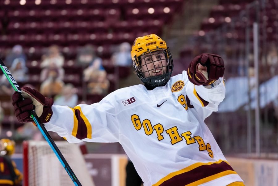 Gophers+men%E2%80%99s+hockey+captain+Sammy+Walker+celebrates+a+goal+he+scored+en+route+to+a+10-0+win+against+Arizona+State+on+Thursday%2C+Jan.+21%2C+2021%2C+at+3M+Arena+at+Mariucci+in+Minneapolis%2C+Minn.