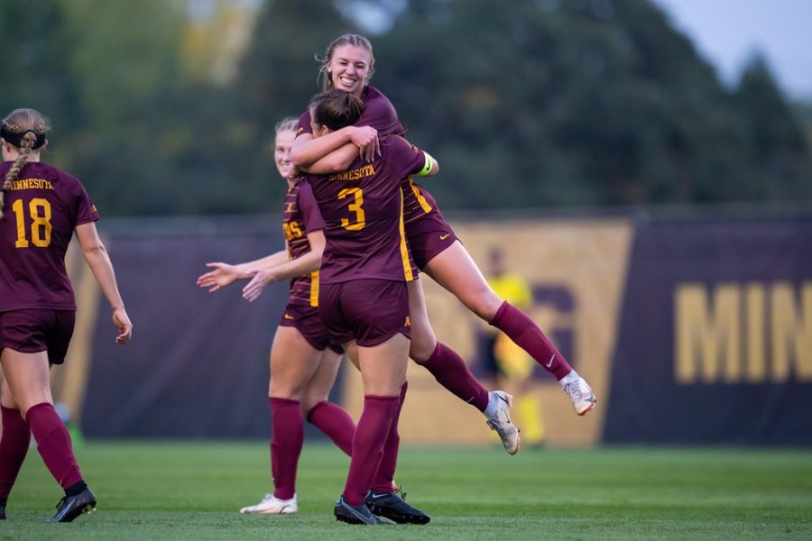 Senior McKenna Buisman celebrates her first goal of the season with senior teammate Delaney Stekr in a match against Rutgers on Thursday, Sept. 30, at Elizabeth Lyle Robbie Stadium in Falcon Heights, Minn.