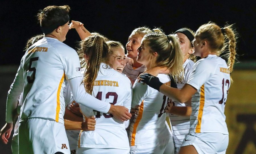 Graduate student Makenzie Langdok celebrates her second goal of the season with her teammates in a match against Illinois on Thursday, Oct. 14, 2021, at Elizabeth Lyle Robbie Stadium in Falcon Heights, Minn.
