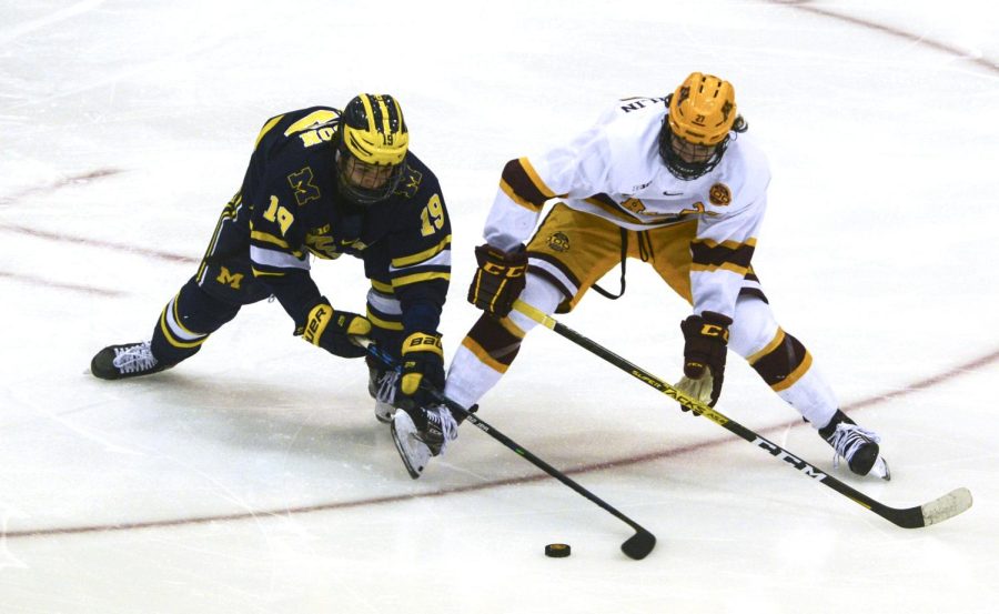 Gophers forward Bryce Brodzinski attempts to regain the puck from Michigans Brandan Brisson at 3M at Mariucci Arena on Friday, March 5,  2021. 