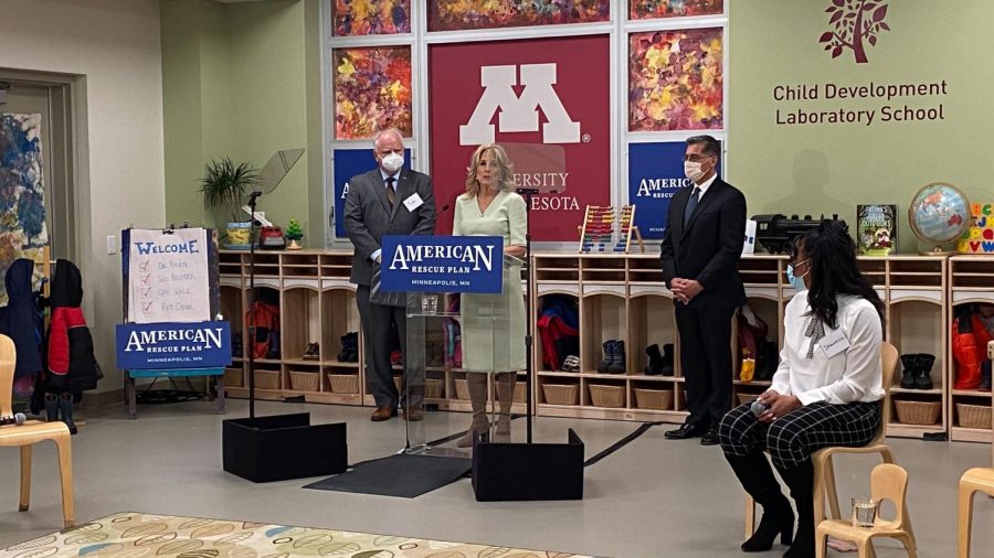 First Lady Jill Biden speaks at the Child Development Laboratory School to praise the American Rescue Plan and host a discussion among early childhood leaders on Wednesday, Feb. 9. From left to right: Gov. Tim Walz, First Lady Jill Biden, Sec. of Health and Human Services Xavier Becerra and Shawnice Walls.