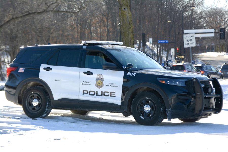 A police vehicle sits in a parking lot in Minneapolis on Thursday, Feb. 3.