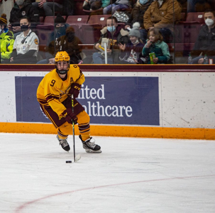 Senior Forward Taylor Heise skates with the puck in a game against the St. Cloud State Huskies on Saturday, Feb. 12 at Ridder Arena in Minneapolis, Minn.