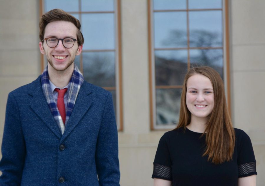 Carter Yost and Grace Johnson pose for a portrait in front of Coffman Memorial Union on Saturday, Feb. 12. Yost and Johnson testified in front of the House Higher Education committee stating demands from students, including a university $15 minimum wage, public safety and green energy.