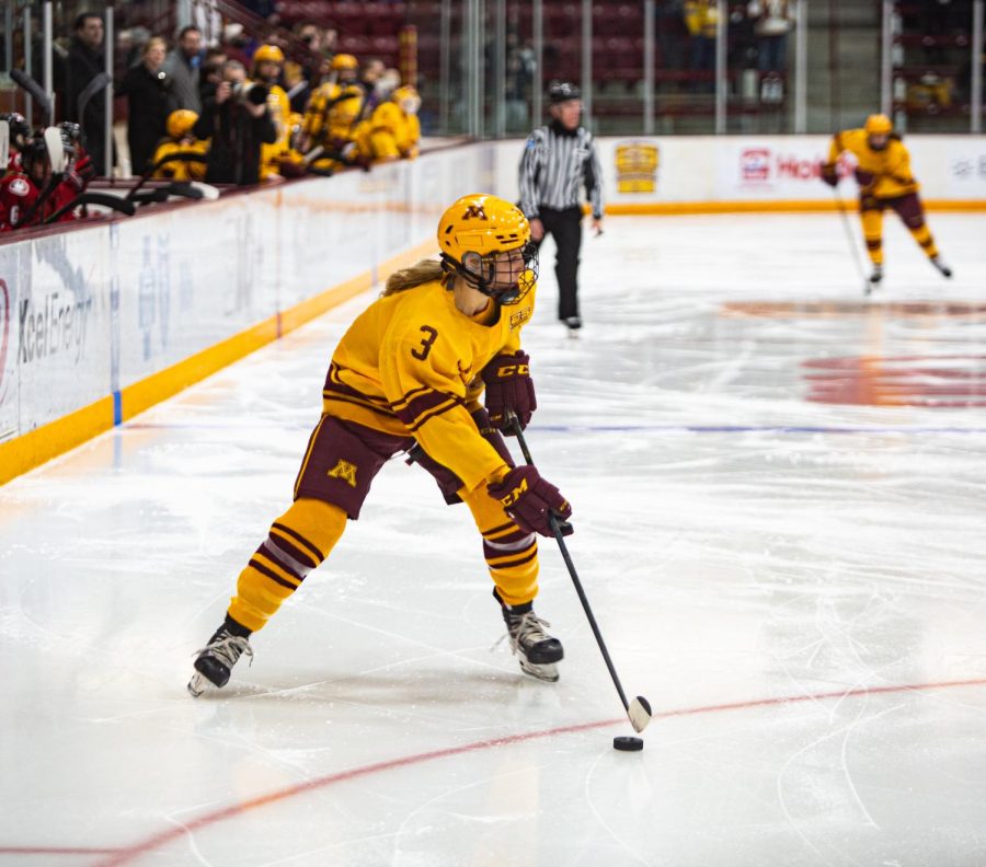 Forward Catie Skaja stickhandles the puck in a game against St. Cloud State on Saturday, Feb. 12, 2022, at Ridder Arena. 