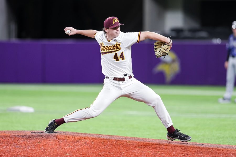 Pitcher Sam Ireland throws from the mound at U.S. Bank Stadium in Minneapolis, Minn. in a game against the United States Air Force Academy Falcons on March 11, 2022. Photo courtesy of Gopher Athletics.