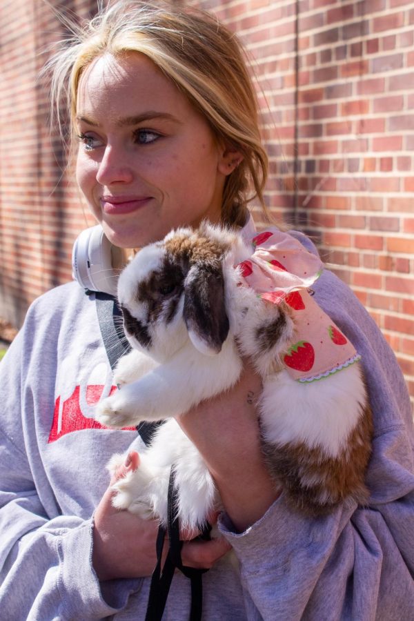Peyton Johnson and her bunny Ginger pose for a photo on Friday, April 8.
