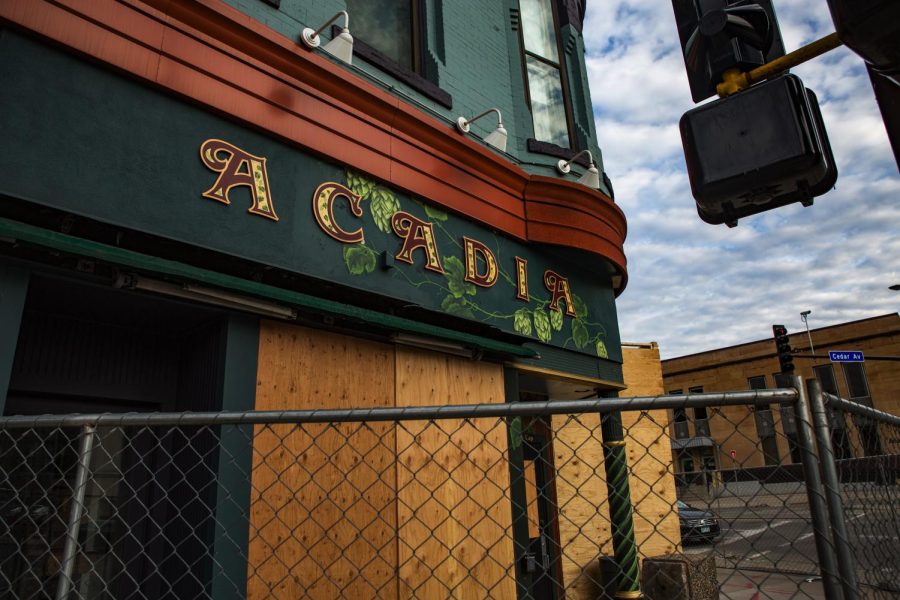 Acadia Bar and Grill in Minneapolis, captured on Monday, March 28. Acadia has been closed since a University bus crashed through the building.