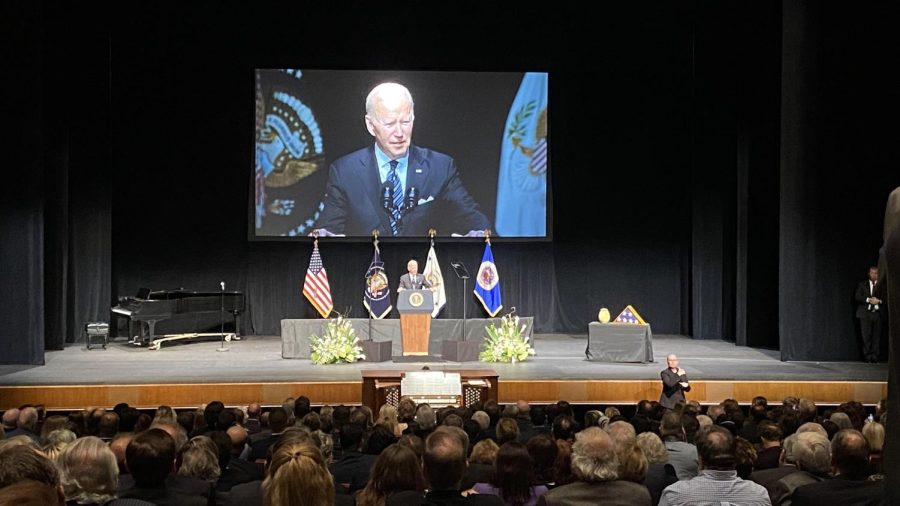 Joe Biden speaks at the memorial service for former Vice President Walter Frederick “Fritz” Mondale held Sunday.