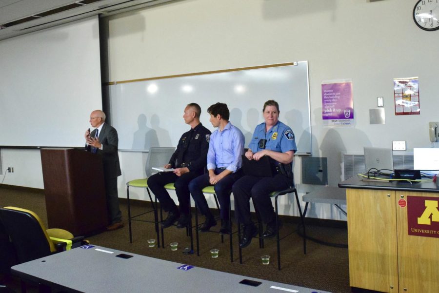 From left to right, Senior Vice President for Finance and Operations Myron Franz,  UMPD Chief Matt Clark, Minneapolis Mayor Jacob Frey and Minneapolis Interim Chief of Police Amelia Huffman hold a meeting regarding public safety on campus on July 11, 2022.