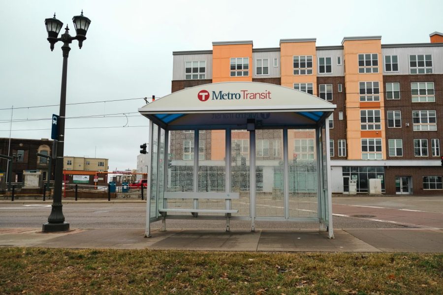 A bus stop at the intersection of University and Berry Street, captured on Wednesday, April 6.