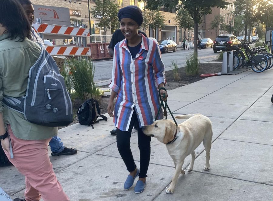 Rep. Ilhan Omar (DFL), her family, supporters and even her dog met with media Tuesday night outside of the Dinkytown Target prior to the election results. 