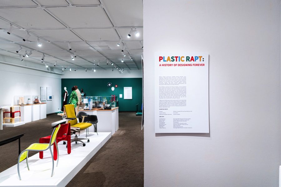 The Plastic Rapt: A History of Designing Forever exhibit located in the Goldstein Gallery, captured on Tuesday, July 26. This exhibit explores the origins, uses and impacts—both environmental and social—of this versatile and permanent material.