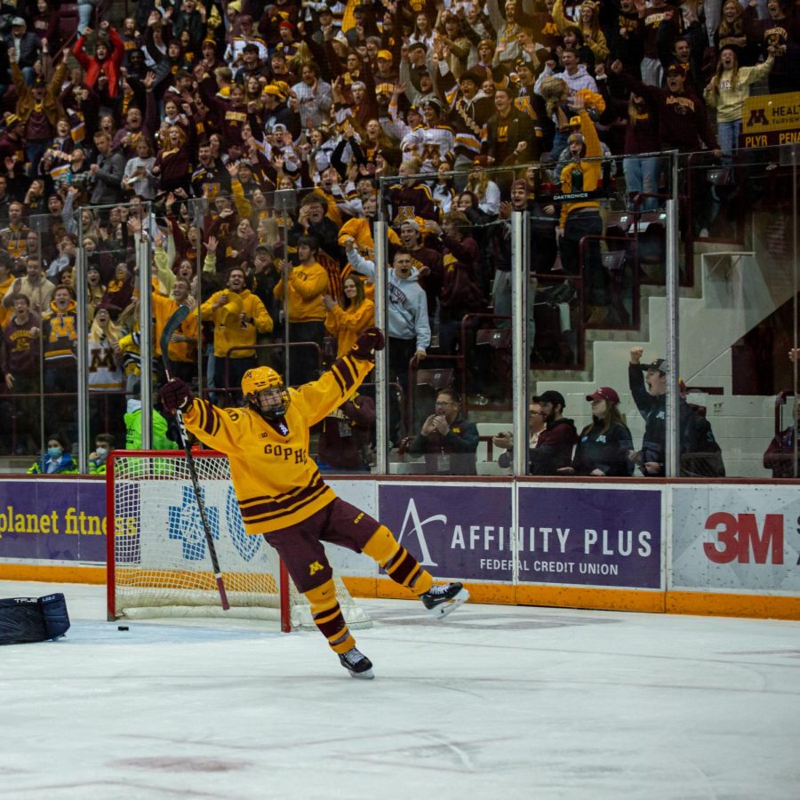 Forward Mason Nevers celebrates a goal during the Gophers game against Penn State, Friday, Nov. 11. The Gophers won, 3-1.