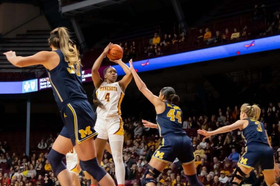 Forward Alanna Micheaux shoots during the game against Michigan on Sunday, Jan. 29.
