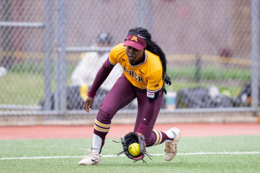 Amani Bradley tripled for her 100th career hit in the first inning of the Gophers second game against Iowa. Photo taken by Brad Rempel for Gophers Athletics. 