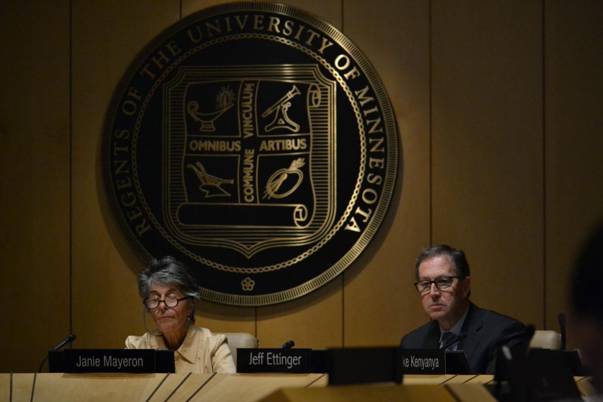 Interim-President Jeffrey Ettinger and Board Chair Janie Mayeron at a University of Minnesota Board of Regents special meeting on Monday June 26, 2023.